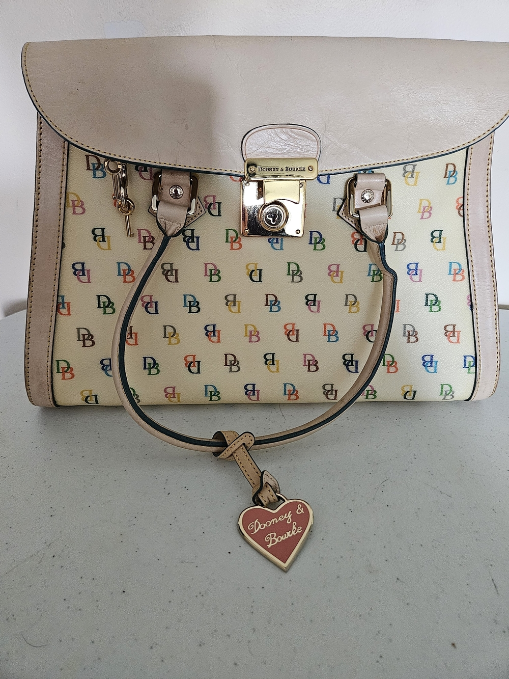 Dooney & Bourke Cream Multicolor DB Logo Satchel with Heart Tag - Picture 1 of 6